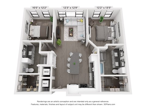 Floor plan for 2 beds, 2 baths, 1082 sqft